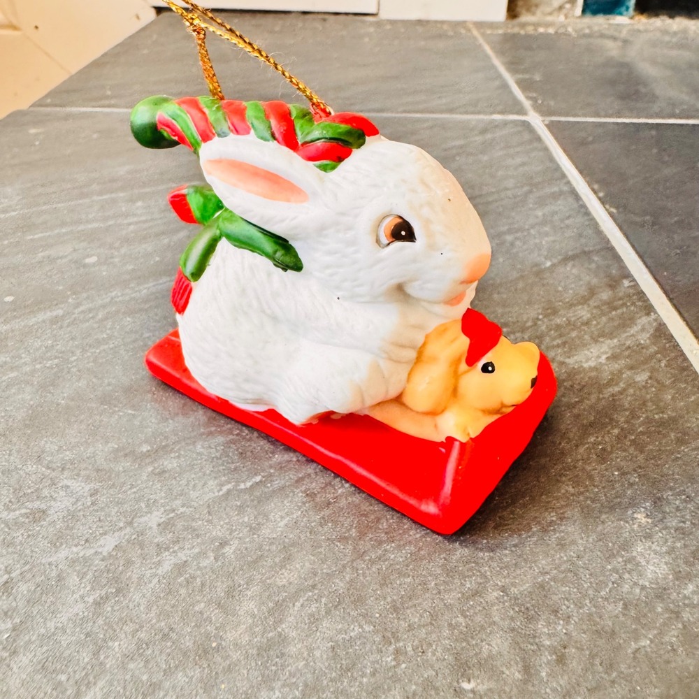 1989 Current Inc Ceramic Bunny Sled Christmas Ornament Made‎ in Taiwan